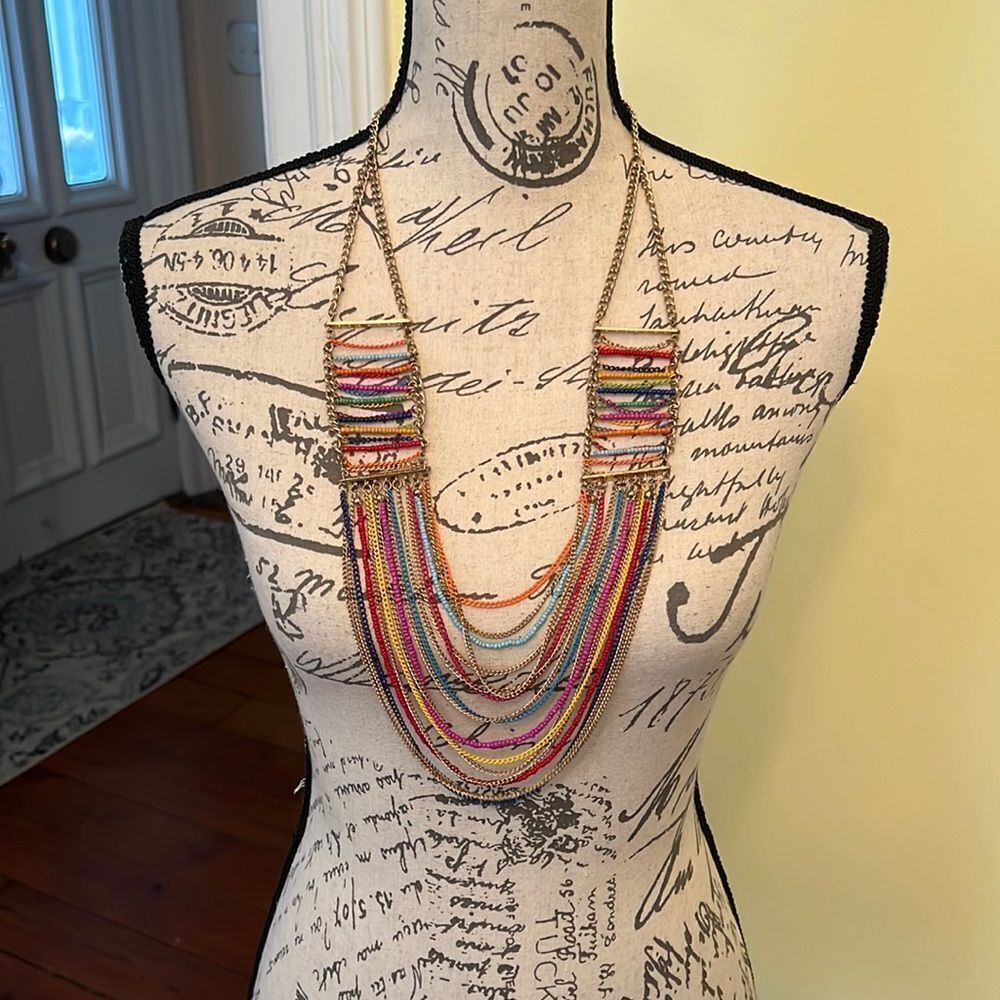Funky Gypsy Boho Chic Long VTG Beaded Goldtone Multichain Necklace 70’s Style!